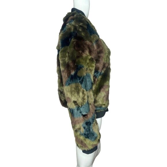 Anthro Marrakech Faux Fur Bomber Jacket Womens Small Multicolor Camo Patchwork - Picture 3 of 9
